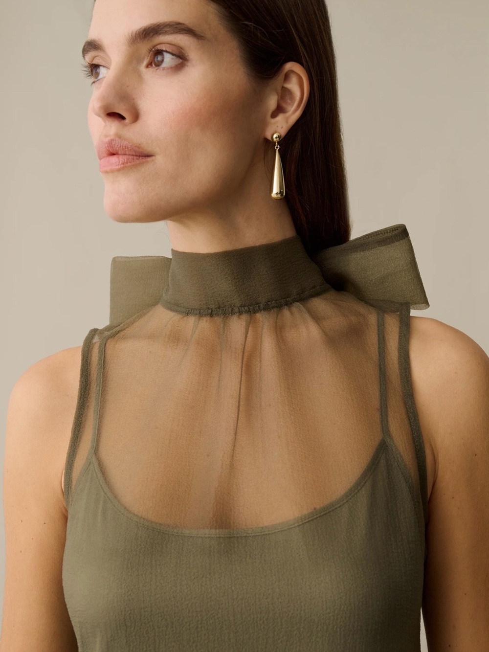 Sleeveless Olive Maxi Dress with Sheer High Neck - Picture 3 of 6